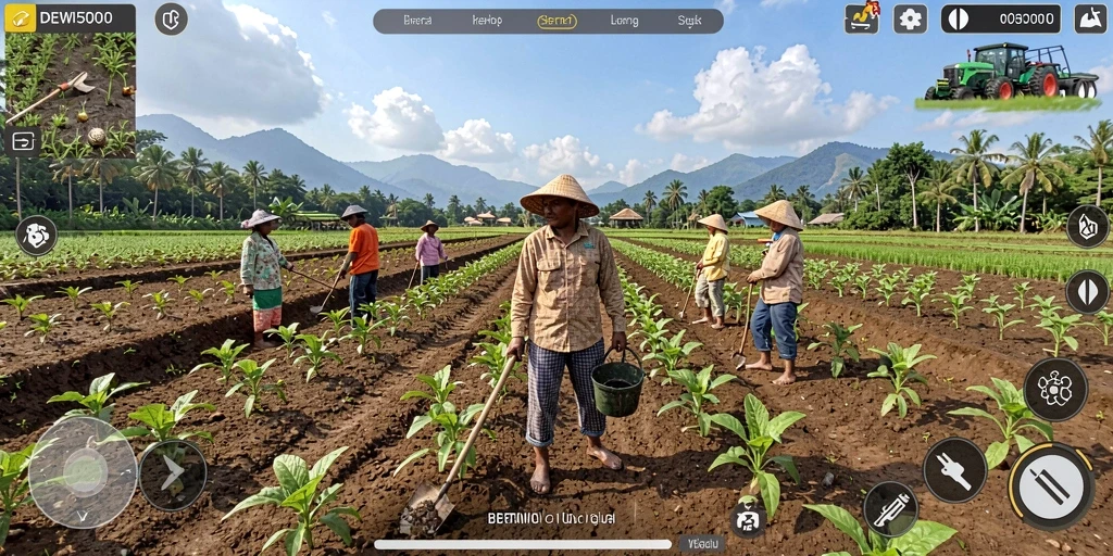 Tampilan gameplay DEWI5000 dengan ladang yang subur dan tanaman yang beragam.