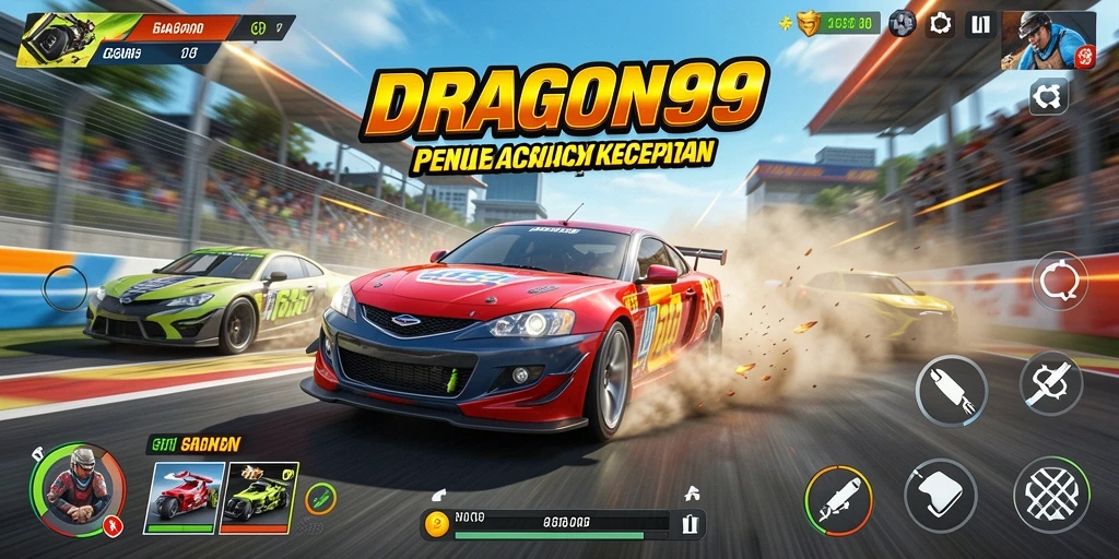 Tangkapan layar gameplay DRAGON99 menampilkan aksi balapan yang mendebarkan.