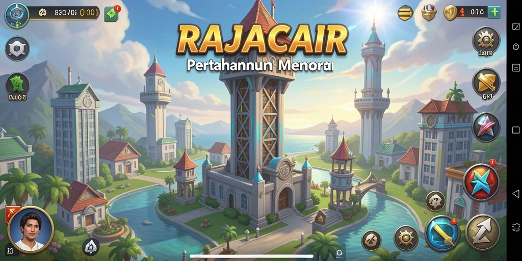 Screenshot gameplay RAJACAIR menampilkan aksi menara pertahanan yang dinamis.